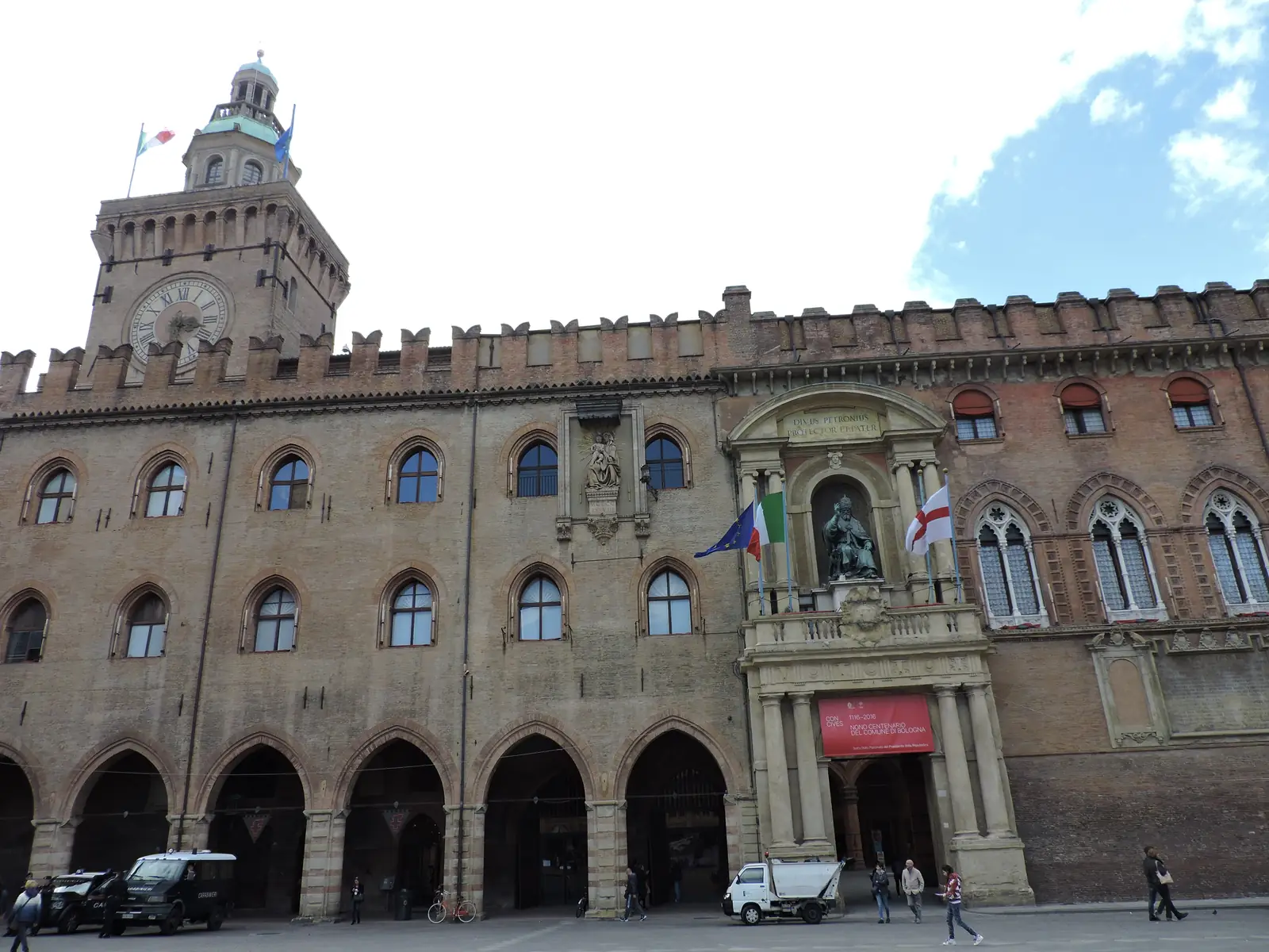 Palazzo d'Accursio and its clock tower on Piazza Maggiore
