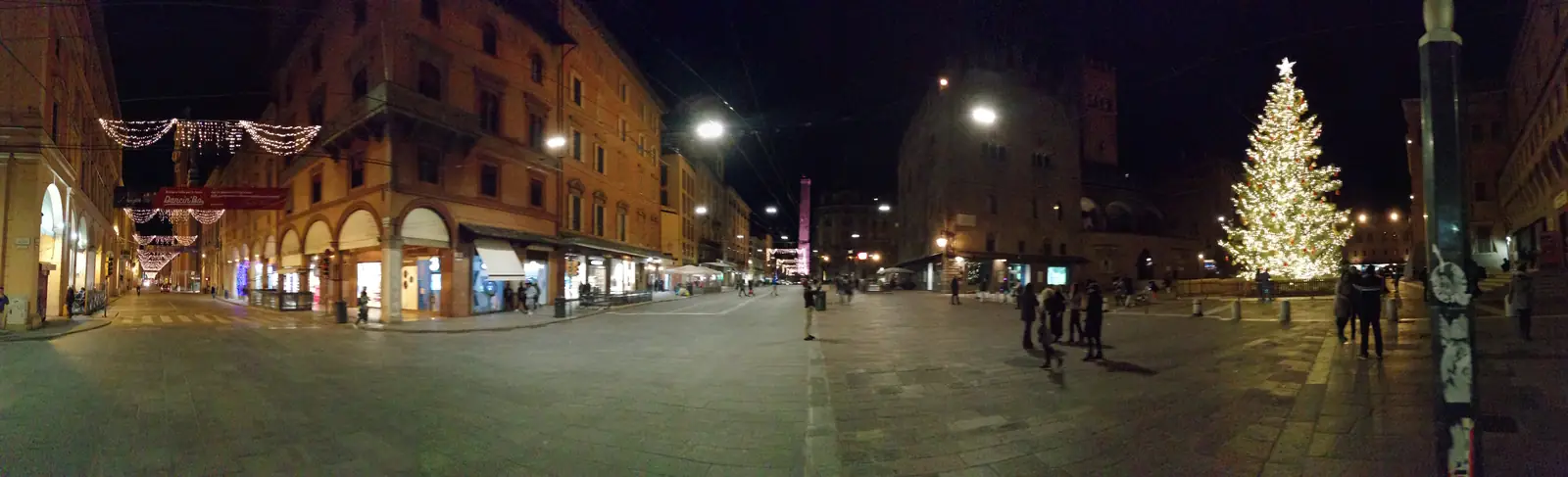 Piazza Maggiore at night with a Christmas tree and lights