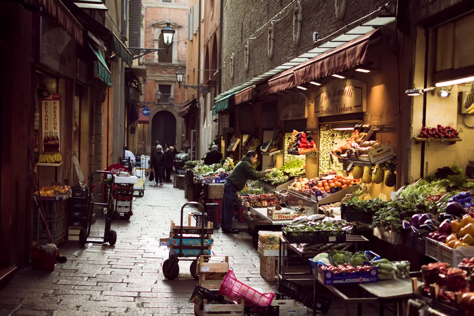 Produce stalls on Via Pescherie Vecchie in the Quadrilatero market, Bologna